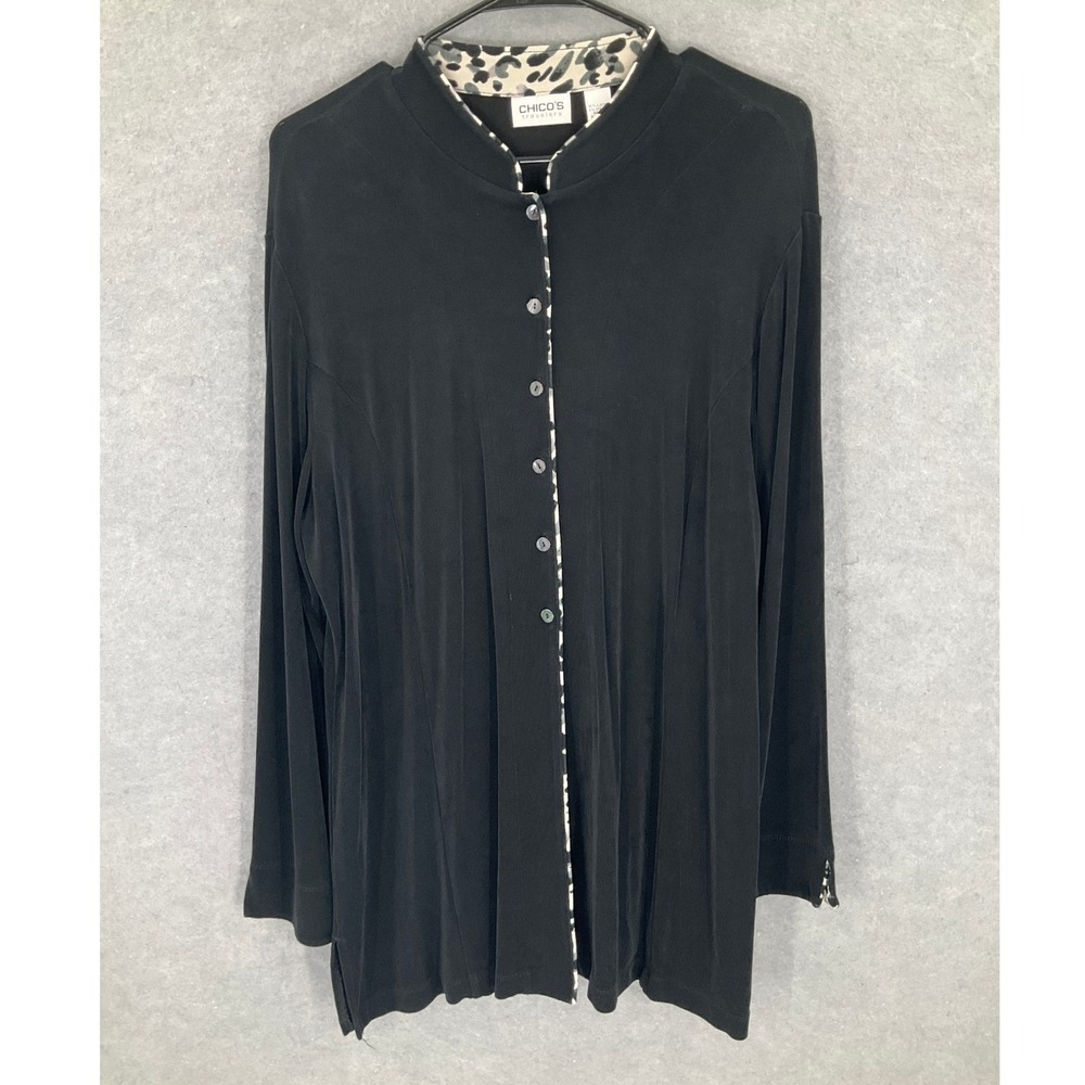 Chico's Travelers Black Animal Print Spandex L Buttons Front Slinky Tunic Top